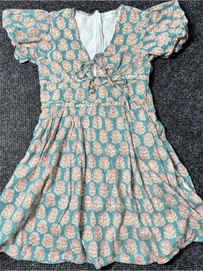 Grace Holiday Floral Cottagecore Dress Medium Puff Sleeve Boho Tie Front